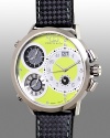 With a sophisticated lime green and polished stainless steel dial, featuring four time zones and a date display, this watch keeps you cool--and in the know.