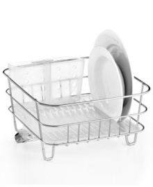 A go-anywhere, do-anything attitude simplifies your lifestyle. This compact dish rack slips into the sink or perches on your countertop for an effortless versatility that cleans up your routine. A rust- and corrosion-resistant design features a cup holder and removable utensil holder. 5-year warranty. A go-anywhere, do-anything attitude simplifies your lifestyle. This compact dish rack slips into the sink or perches on your countertop for an effortless versatility that cleans up your routine. A rust- and corrosion-resistant design features a cup holder and removable utensil holder. 5-year warranty.