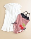 Crafted in cozy terry, this cute hooded coverup for your little bathing beauty is adorned with lots of ruffles.Attached hoodShort ruffled cap sleevesFull zip frontRuffled hem85% cotton/15% polyesterMachine washImported