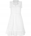 Channel Old World femininity in this lace-detailed day dress thats perfect for parties or off-duty casual - Sweetheart neck, short sleeves, front button half-placket, stitching details, nipped-in waist, full skirt with ruffled hem - Wear with a cropped cardigan, peep-toe platforms, and a metallic clutch