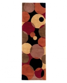 A runner to brighten any hallway. Abstract and absorbing, this rug features a multi-circle pattern in lavender, terra cotta, black, peach and burgundy. Reminiscent of modern art paintings, it adds striking modernity and grace to your home. Hand-tufted and hand-carved of plush wool. A runner to brighten any hallway. Abstract and absorbing, this rug features a multi-circle pattern in lavender, terra cotta, black, peach and burgundy. Reminiscent of modern art paintings, it adds striking modernity and grace to your home. Hand-tufted and hand-carved of plush wool.