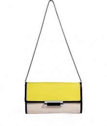 With a cool colorblock and modern black trim, Diane von Furstenbergs tri-tone leather clutch lends a contemporary edge to day and evening looks alike - Flap with push-lock bar closure, back slot pocket, removable snake-chain shoulder strap, inside zippered back wall pocket and card slot, silver-toned hardware - Wear during the day with edgy separates, or carry as a clutch at night with sleek cocktail frocks With a cool colorblock and modern black trim, Diane von Furstenbergs tri-tone leather clutch lends a contemporary edge to day and evening looks alike - Flap with push-lock bar closure, back slot pocket, removable snake-chain shoulder strap, inside zippered back wall pocket and card slot, silver-toned hardware - Wear during the day with edgy separates, or carry as a clutch at night with sleek cocktail frocks