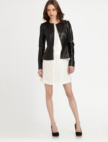 Flared hem adds feminine charm to this fitted leather jacket. Front zipperLong sleevesFlared hemFully linedAbout 23 from shoulder to hemLeatherDry clean with leather specialistImported of Italian fabricModel shown is 5'10 (177cm) wearing US size 2. Flared hem adds feminine charm to this fitted leather jacket. Front zipperLong sleevesFlared hemFully linedAbout 23 from shoulder to hemLeatherDry clean with leather specialistImported of Italian fabricModel shown is 5'10 (177cm) wearing US size 2.