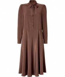 Elegant day dress in pure nougat brown silk - Fashionable 60s secretary look - Long sleeves, which are slightly puffy at the shoulders, small stand collar with a looped bow and button placket - The skirt is slightly flared and falls in soft folds - A wonderful everyday dress for the office when you want to look chic and stylish - Wear with brown pumps or boots