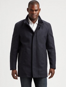 Incorporate this mid length wool-blend coat into your wardrobe of suiting separates and casual staples; Accented with leather trim, removable genuine shearling collar and a covered front button placket for a streamlined silhouette.Zip frontSide slash pocketsRear ventFully linedAbout 32 from shoulder to hem80% wool/20% polyamideDry cleanImported of Italian fabricFur origin: Portugal Incorporate this mid length wool-blend coat into your wardrobe of suiting separates and casual staples; Accented with leather trim, removable genuine shearling collar and a covered front button placket for a streamlined silhouette.Zip frontSide slash pocketsRear ventFully linedAbout 32 from shoulder to hem80% wool/20% polyamideDry cleanImported of Italian fabricFur origin: Portugal