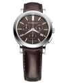 This Burberry timepiece features a chocolate brown leather strap and round stainless steel case. Chocolate brown chronograph engraved dial with silvertone stick indices, logo, date window and three subdials. Swiss made. Swiss movement. Water resistant to 50 meters. Two-year limited warranty. Style #BU1383