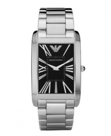 On time every day, for every occasion. Slim dress watch by Emporio Armani crafted of stainless steel bracelet and rectangular case. Black dial features silver tone Roman numerals, minute track, two hands and logo. Quartz movement. Water resistant to 30 meters. Two-year limited warranty.