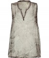 Elegant sleeveless top in fine, pure grey silk - On-trend serpent motif - Sheer, featherweight material drapes beautifully - Ample tunic cut with v-neck and two side slits - Darker trim at collar and hem - Relaxed yet chic, easily dressed up or down - Pair with leather leggings, a blazer and peep toe pumps, or go for a more casual look with slim jeans and sandals