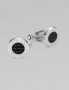 Polished sterling silver cuff links with round carbon center and logo detail.BrassAbout ½ diam.Imported Polished sterling silver cuff links with round carbon center and logo detail.BrassAbout ½ diam.Imported