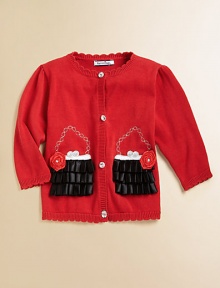 An ultra-stylish purse appliqué adds a fancy touch to a cozy cotton, button-front cardigan.Scalloped crewneckLong sleeves with scallop cuffsButton-frontScalloped hemCottonMachine washImported Please note: Number of buttons may vary depending on size ordered. An ultra-stylish purse appliqué adds a fancy touch to a cozy cotton, button-front cardigan.Scalloped crewneckLong sleeves with scallop cuffsButton-frontScalloped hemCottonMachine washImported Please note: Number of buttons may vary depending on size ordered.