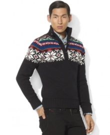 A supremely soft cotton-cashmere sweater is accented with a colorful pattern and a handsome mockneck collar for casual, cold-weather refinement. A supremely soft cotton-cashmere sweater is accented with a colorful pattern and a handsome mockneck collar for casual, cold-weather refinement.
