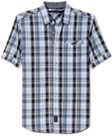 Sean John gives a down-home pattern a big-city update in this short-sleeved checked sports shirt. Sean John gives a down-home pattern a big-city update in this short-sleeved checked sports shirt.