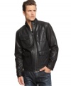 Get that classic bad boy look in this handsome faux leather bomber jacket by INC International Concepts.