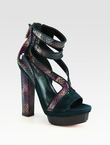 Lifted by a towering heel and island platform, this multicolored snakeskin gladiator has contrasting suede trim and an exposed back zipper. Self-covered heel, 5½ (140mm)Island platform, 1½ (40mm)Compares to a 4 heel (100mm)Snakeskin and suede upperBack zipperLeather lining and solePadded insoleImported