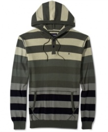 Keep your style fresh in this fade to top tonal stripe henley hooded pullover by Hurley. Keep your style fresh in this fade to top tonal stripe henley hooded pullover by Hurley.