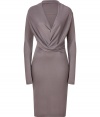 Perfect for taking from work into cocktails, Halston Heritages sleek grey dress is ideal for showcasing colorful accessories - Wrapped V-neckline with drape at waist, long sleeves - Form-fitting - Wear with a dusting of fine jewelry and sleek statement heels