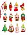 From Santa Claus to Christmas stockings, this box of 12 mini ornaments offers something for everyone in irresistibly glittery, richly colored glass.