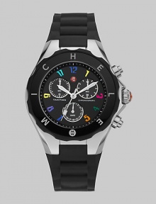 A sleek black dial is dotted with colorful hour markers for a distinctive timepiece.Swiss quartz movement Water resistant to 5 ATM Logo bezel Round stainless steel case, 40mm, (1.49) K1 mineral crystal Black chronograph dial Numeral hour markers Second hand Silicone strap Imported A sleek black dial is dotted with colorful hour markers for a distinctive timepiece.Swiss quartz movement Water resistant to 5 ATM Logo bezel Round stainless steel case, 40mm, (1.49) K1 mineral crystal Black chronograph dial Numeral hour markers Second hand Silicone strap Imported