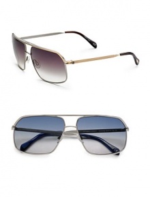 The classic aviator style is reinvigorated with a modern design and gradient lenses. Available in brushed gold/silver frames with spice brown lenses and brushed silver frames with pacific gradient lenses. Metal frames 100% UV protective Imported The classic aviator style is reinvigorated with a modern design and gradient lenses. Available in brushed gold/silver frames with spice brown lenses and brushed silver frames with pacific gradient lenses. Metal frames 100% UV protective Imported
