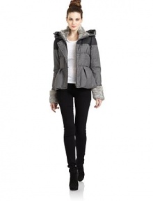 THE LOOKQuilted houndstooth designRabbit fur-lined funnelneckRemovable hood with drawstringContrast wool yoke panelConcealed front zip and snap closureLong sleeves with rabbit fur cuffsPrincess seamsPleated THE LOOKQuilted houndstooth designRabbit fur-lined funnelneckRemovable hood with drawstringContrast wool yoke panelConcealed front zip and snap closureLong sleeves with rabbit fur cuffsPrincess seamsPleated