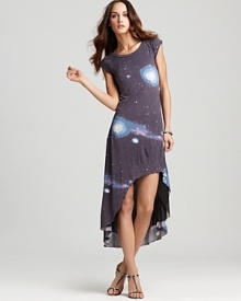Infused with an intergalactic-inspired print, this Sauce dress flaunts a high/low hem for a dramatic finish. Infused with an intergalactic-inspired print, this Sauce dress flaunts a high/low hem for a dramatic finish.