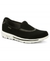 What are you waiting for? Sketchers' Go Walk sneakers are ready to go. The easy slip-on style features a stretch center top panel with a pull on heel design.