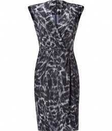 Luxurious dress in fine, steel blue silk - Elegant print, feminine cut - Slim, with sophisticated wrap and waist draping and V-neck - Sleeveless - A dream dress that skillfully shows off feminine curves - Straight skirt in a pleasant thigh length - Style: combine with boots or platform pumps