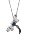 A flight of fanciness. This dragonfly pendant, set in sterling silver, dazzles with blue and green diamond accents (1/10 ct. t.w.) providing a lustrous touch. Approximate length: 18 inches. Approximate drop length: 1/2 inch. Approximate drop width: 3/4 inch.