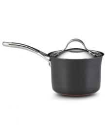 It all boils down to this! The Anolon Nouvelle saucepan delivers expert-grade results with layer upon layer of premium cooking material: ultra-reactive copper is encapsulated by two layers of aluminum and finished with an impact-bonded stainless steel cap. Limited lifetime warranty. It all boils down to this! The Anolon Nouvelle saucepan delivers expert-grade results with layer upon layer of premium cooking material: ultra-reactive copper is encapsulated by two layers of aluminum and finished with an impact-bonded stainless steel cap. Limited lifetime warranty.