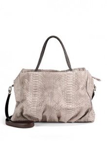 THE LOOKBraided leather top handle strapsRemovable, adjustable leather crossbody strapSatchel silhouette of luxe pythonTop zip closureProtective metal feetOne inside open pocketOne inside zip pocketInside logo detailTHE MEASUREMENTShoulder straps, 7 dropCrossbody strap, 22 drop14W X 16½H X 3½DTHE MATERIALPythonLeather trimMicrofiber liningORIGINMade in Italy THE LOOKBraided leather top handle strapsRemovable, adjustable leather crossbody strapSatchel silhouette of luxe pythonTop zip closureProtective metal feetOne inside open pocketOne inside zip pocketInside logo detailTHE MEASUREMENTShoulder straps, 7 dropCrossbody strap, 22 drop14W X 16½H X 3½DTHE MATERIALPythonLeather trimMicrofiber liningORIGINMade in Italy