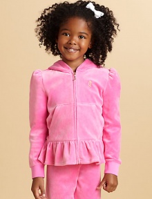 The velour hood that started a fashion revolution is back with a ruffled hem for a frilly update.Attached hoodLong sleevesFull zip frontFront pocketsRuffled hemCotton/PolyesterMachine washMade in USA The velour hood that started a fashion revolution is back with a ruffled hem for a frilly update.Attached hoodLong sleevesFull zip frontFront pocketsRuffled hemCotton/PolyesterMachine washMade in USA