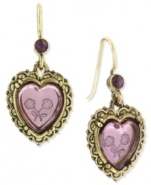 Let these darling earrings from 2028 into your heart. Featuring detailed intaglio printing on a plastic amethyst heart. Set in gold tone mixed metal. Approximate drop: 1 inch. Approximate width: 3/4 inch.