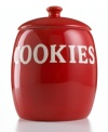 Put your sweet tooth on red alert with the Tabletops Unlimited cookie jar. Cherry-red earthenware with white block letters gives your not-so-secret cookie stash a fun, novelty feel.