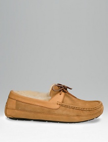 The ultimate in cozy comfort for wearing around the house or to take with you when traveling. Moccasin stitching Leather ties Sheepskin sock liner for extra warmth Molded rubber indoor/outdoor sole Imported The ultimate in cozy comfort for wearing around the house or to take with you when traveling. Moccasin stitching Leather ties Sheepskin sock liner for extra warmth Molded rubber indoor/outdoor sole Imported
