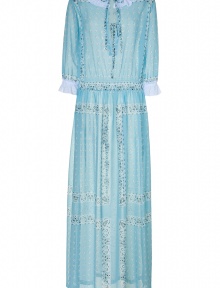 Chic maxi dress in slightly sheer, pale blue cotton - Romantic and feminine, a perfect mix of sexy and sweet - Fine, lightweight fabric falls beautifully - Paisley and floral motif, side slits - Tunic cut, with gathered waist, 3/4 sleeves and tie neck - The detail we love: white cotton lace trim at cuffs and collar - Style with a wide belt or layer over leggings and pair with sandals