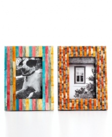 Bone tiles streaked with bright orange and warm gray make this Purva picture frame a stylish way to showcase your favorite people and places.