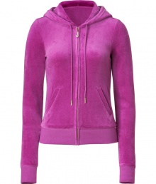 Paint color into your casual attire with this rich bougainvillea velour hoodie from Juicy Couture - Hooded, front zip closure, long sleeves, split kangaroo pocket - Slim fit - Pair with matching pants, favorite jeans, or mini-skirts