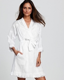 A three-quarter sleeve woven wrap with floral embroidery, lace and ruffle trim, a lovely bedtime look from Eileen West.