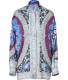 With its characteristic optical print, and exquisite shimmering sequin and bead embellishment, Emilio Puccis silk shirt makes a glamorous, scene-stealing statement - Classic collar, long dolman sleeves, dropped shoulders, hidden snapped cuffs, hidden button-down front, curved hemline - Contemporary oversized fit - Finish with jet black slim-fit separates and flawless platform pumps