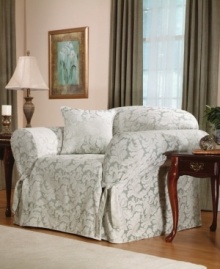 An effortless update and perfect furniture protector, the printed Scroll chair slipcover from Sure Fit features a draped skirt with back ties for a sleek fit over any style furniture. An effortless update and perfect furniture protector, the printed Scroll chair slipcover from Sure Fit features a draped skirt with back ties for a sleek fit over any style furniture.