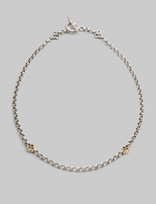 A bold sterling silver chain is accented by cloverleaf shapes of 18k gold in front and sterling silver at the closure. Sterling silver and 18k yellow gold Length, about 18 Toggle closure Made in Greece A bold sterling silver chain is accented by cloverleaf shapes of 18k gold in front and sterling silver at the closure. Sterling silver and 18k yellow gold Length, about 18 Toggle closure Made in Greece