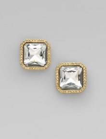 A simply chic piece with an arresting, faceted stone and pavé accents in a modern, rounded square shape. 12k goldplated white metalGlass stonesSize, about ½Post backImported A simply chic piece with an arresting, faceted stone and pavé accents in a modern, rounded square shape. 12k goldplated white metalGlass stonesSize, about ½Post backImported