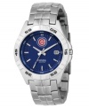 Show your Chicago Cubs loyalty every second of the day with this signature team watch from Fossil. Stainless steel bracelet and round case. Bezel embossed with black numerals. Blue striped dial features Cubs logo, silvertone stick indices, luminous hands and date window at three o'clock. Quartz movement. Water resistant to 100 meters. Eleven-year limited warranty.