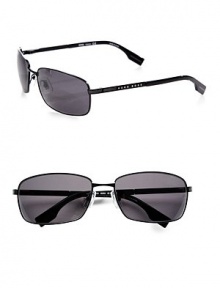 Rectangular metal frames and a temple logo detail give these sporty sunglasses minimalist style.Gray polarized lens100% UV protectiveImported Rectangular metal frames and a temple logo detail give these sporty sunglasses minimalist style.Gray polarized lens100% UV protectiveImported