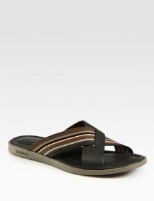Supple leather and signature striped canvas create a supremely comfortable slip-on sandal.Leather liningPadded insoleRubber soleImported Supple leather and signature striped canvas create a supremely comfortable slip-on sandal.Leather liningPadded insoleRubber soleImported
