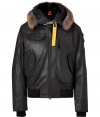 Stay warm in sporty luxe style with this fur trimmed leather bomber parka from Parajumpers - Fur trimmed hood with clasp closure, concealed front zip closure, long sleeves with logo at shoulder, flap pockets, water resistant lining, quilted down lining - Short silhouette - Style with tailored trousers, a cashmere sweater, and shearling boots