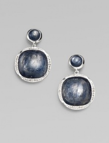 From the Scultura Collection. Two beautiful, linked Kyanite cabochons set in sterling silver embellished with a pavé diamond bezel. KyaniteDiamonds, .33 tcwSterling silverLength, about 1¼Post backImported From the Scultura Collection. Two beautiful, linked Kyanite cabochons set in sterling silver embellished with a pavé diamond bezel. KyaniteDiamonds, .33 tcwSterling silverLength, about 1¼Post backImported