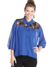 Amp up your allure with ING's three-quarter-sleeve plus size blouse, accented by a lace yoke-- it's super-key for the season!