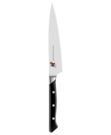Superior sharpness and excellent edge retention deliver incredible precision in the kitchen. This hand-honed Japanese blade is ice-hardened and effortlessly maneuvered by the western-styled ergonomic grip for optimal comfort. Lifetime warranty. Superior sharpness and excellent edge retention deliver incredible precision in the kitchen. This hand-honed Japanese blade is ice-hardened and effortlessly maneuvered by the western-styled ergonomic grip for optimal comfort. Lifetime warranty.