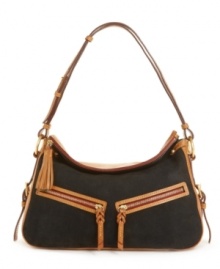 Be biased: with slanted zip pockets, contrast colors and burnt edges, this smooth nubuck sac has a uniquely stylish perspective on the season's trends.